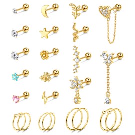 Kakonia 24 Stück Helix Piercing für Damen Ohrstecker Creolen Klein Edelstahl Ohrring Gold Silber Stud Hoop Earrings Kette Tiny Chain Dangle Knorpel Huggie Ohrringe Piercing Ohr Set Damen