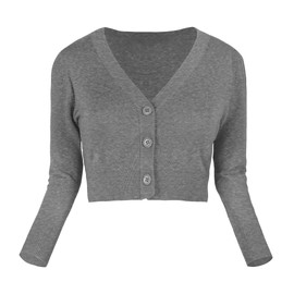 Urban GoCo Women's Cropped Cardigan V-Neck Button Down Knitted Sweater 3/4 Sleeve (M, Heather Gray)