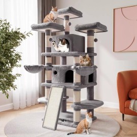 CA&T 68 Inches Multi-Level Large Big Cat Tower Cat Activity Center Play House, Grey