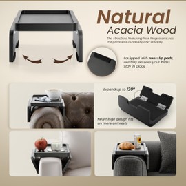 HOLANA Acacia Wood Sofa Armrest Tray -Double Hinge Sofa Arm Tray Table Clip - Couch Arm Table - Wooden Side Tables for Small Spaces for Eating and Drink (Classic, Black)