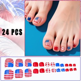 Independence Day American Flag Press on Toenails Short Square Red and White Checkered 4th of July Stars Full Cover Patriotic Fake Toe Nails for Women Girls Toenails Decorations 24Pcs