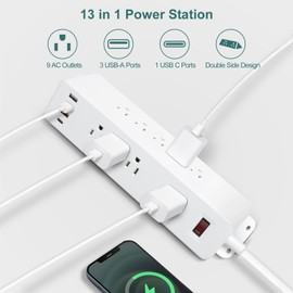 9 Outlets Power Bar with USB C PD 20W, HdcTek Wall Mount Triangle Double Side Outlet Extender Fast Charge USB Port Flat Plug Mountable Desk Power Strip for Office Home Dorm Essentials (White)