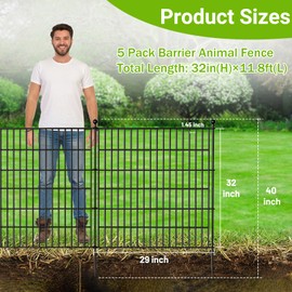 jinligogo 5 Panels No Dig Decorative Outdoor Garden Fence with Gate for Yard, 32 in(H) X 11.8 ft(L) Animal Barrier Fencing Rustproof Metal Wire Panel Border for Dog, Rabbits, and Patio Temporary Ground Stakes