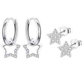 Hinvan 2 Paar Stern Ohrringe Silber 925 Creolen mit Anhänger Kreolen Ohrhänger für Damen Mädchen Hypoallergene Creolen Silber Ohrringe Hängend mit Stern Anhänger Sterne Ohrstecker mit Zirkonia