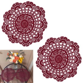BIBITIME 2PCS 13 inches to 14 inches Cotton Crochet Doilies Kitchen Placemats Round Handmade Knitted Flower Cup Mug Mats Doily Wine Red Coasters