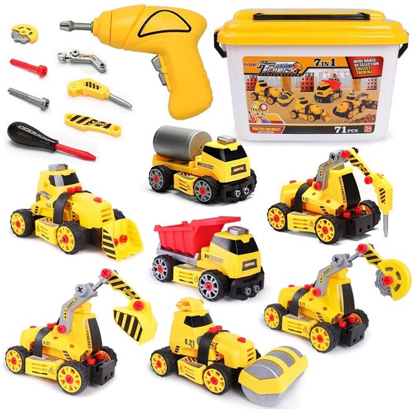 FLY2SKY Toys for 3 4 5 6 7 8 Year Old Boys 7 in 1 Take Apart Toys with Electric Drill Take Apart Truck Toys Construction Set DIY Engineering Building Toy Push & Go STEM Toy Gift for Boys Toys Age 6-8