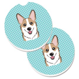 Caroline's Treasures Checkerboard Blue Corgi Set of 2 Cup Holder Car Coasters BB1191CARC, 2.56, Multicolor
