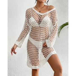 Bsubseach Crochet Swimsuit Coverup for Women Long Sleeve Beach Dress Coverups Sheer Knit Beachwear Vacation Outfits White S