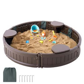 Happybuy Sandbox with Cover, 47.2 x 9.1 in Round Sand Pit, HDPE with 3 Corner Seats, Bottom Liner, Outdoor Play Area for Kids Ages 3-12, Ideal for Backyard, Beach, and Park, Brown