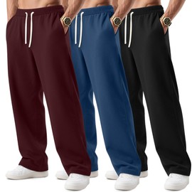August Alley 3 Pack Big and Tall Men's Sweatpants Open Bottom Athletic Pants Drawstring Elastic Waist with Pockets(Wine Red, Blue, Black,3X-Large)