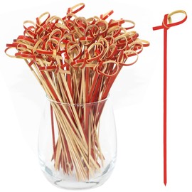 BLUE TOP Bamboo Cocktail Picks 200 PCS Red Bamboo Skewers 4 Inch with Looped Knot, Food Picks,Party Toothpicks for Appetizers,Cocktail Drinks,Barbecue Snacks,Club Sandwiches.