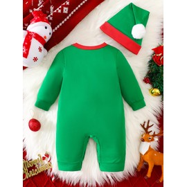 IURNXB Baby Christmas Outfit Green Elf Romper with Festive Gingerbread Man Candy Cane Matching Hat (Green,9-12 Months)