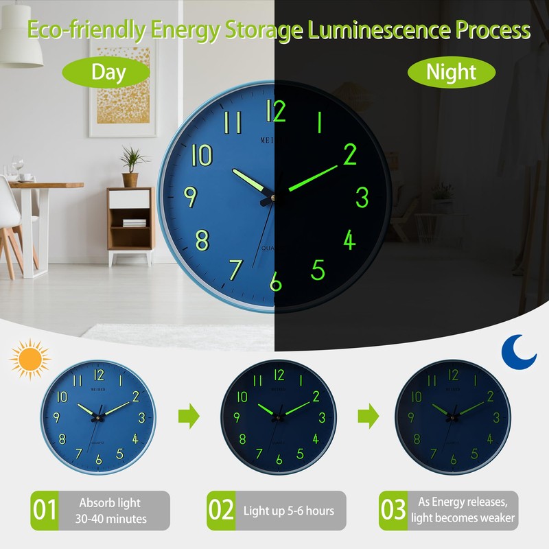 MEIRED Night Light Wall Clock 12 Inch Silent Non Ticking