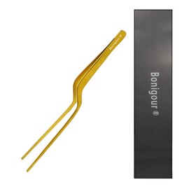 Bonigour 8 Inch Precision Offset Tweezers, Kitchen Culinary Stainless Steel Tongs, Curved Kitchen Cooking Multi-function Chef Precision Tweezer Tongs for Plating, Food Decorating and ect (Gold)