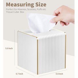 Tissue Box Cover Square with Magnetic Closure, PU Leather Tissue Box Holder with Gold-Tone Edging for Bathroom Vanity Countertop Night Stands Bedroom Office Desk, Modern Home Decor (Cream White)
