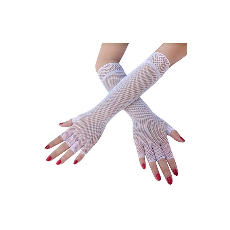 Seeksmile Elbow Length Half Finger Fishnet Gloves (White)