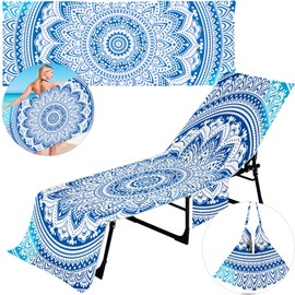 ChezMax Lounge Chair Towel Cover with Side Pockets and Beach Towel Set, Thick and Quick Dry Chaise Beach Chair Cover & Microfiber Fitted Towel for Summer Pool Lounger Sunbathing Hotel (Flower)