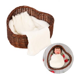 Kate Newborn Photography Props Brown Heart Shaped Rattan Basket Handcrafted Baby Doll Basket Set for Baby Photography Photoshoot with White Pillow and Mat and Stretch Wrap