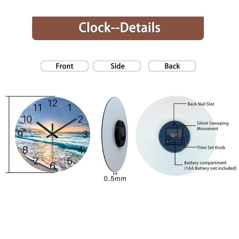 Constantplanet Blue Beach Wall Clock for Kitchen 14 Inch Round