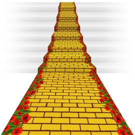Dunzoom Brick Road Backdrop Brick Red Flower Field Road Runner Photography Background Birthday Party Decorations Princess Floral Party Supplies for Bridal Shower(3.28 x 65.62 ft)