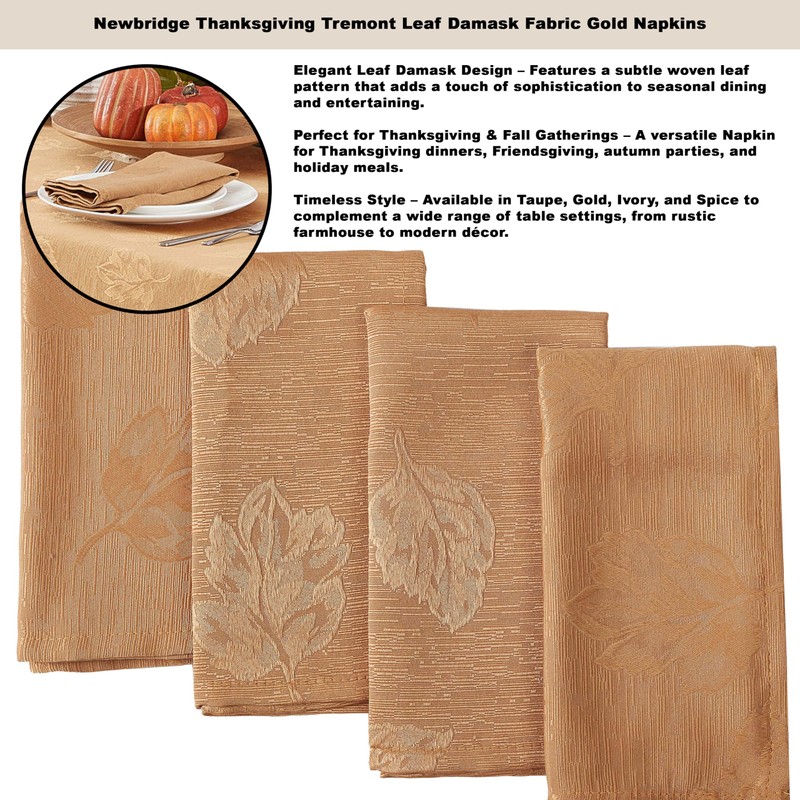 Newbridge Gold Tremont Leaf Damask Christmas Fabric Napkins, Set of