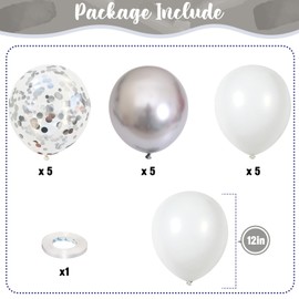 Silver and White Balloons, 12 Inch Metallic Silver White Latex Balloons Set Decor with Silver Confetti Helium Balloons for Boys Girls Birthday Party Baby Shower Wedding Graduation Party Decorations