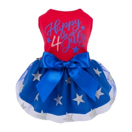 Fitwarm Happy 4th of July Dog Tulle Dress, Patriotic Dog Clothes for Small Dogs Girl, Red and White Star Pet Outfit, Red, Royal Blue, Small