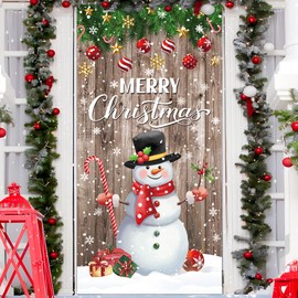 Christmas Front Door Cover Snowman Door Cover Banner Merry Christmas Door Hanging Backdrop Decorations for Home Indoor Outdoor Winter Holiday Party Decor, 70.9 x 35.4 Inch