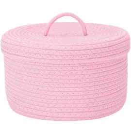 Sea Team Round Cotton Rope Storage Basket with Lid, Lidded Woven Storage Bin, Nursery Storage Container, Diaper Caddy, Baby Shower Basket, Box, Organizer, 11.8 x 11.8 x 6.7 Inches (Medium, Pink)