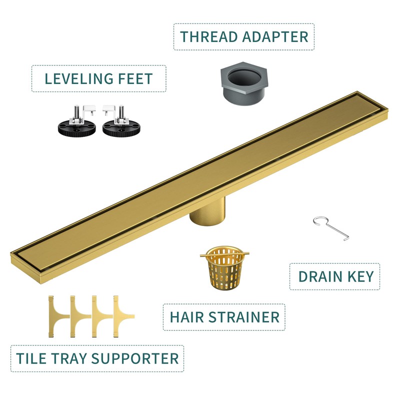 Bernkot Linear Shower Drain 26", Brushed Gold Floor Drain with