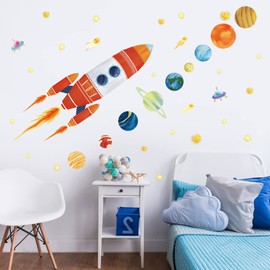 wondever Rocket Wall Stickers Outer Space Planets Peel and Stick Wall Art Decals for Baby Nursery Kids Bedroom Playroom