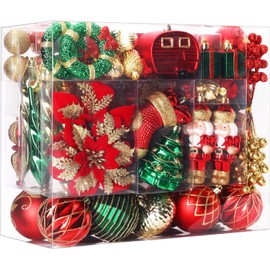 SHareconn 135pcs Christmas Balls Ornaments Set, Shatterproof Plastic Baubles, Ribbon and Tree Topper for Xmas Tree Holiday Wedding Party Decorations with Hanging Strings, Red, Green and Gold