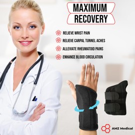 AMZ MEDICAL - Carpal Tunnel Night/Daytime Wrist Brace & Wrist Support [Single] (with splint) - Fully Adjustable to Fit any size Hand (S/M, LEFT)