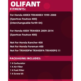 Carburetor For Honda 400EX TRX400EX 1999-2008/400X TRX400X 2009-2014/Sportrax Foutrax 400 1999-2004 2009-2014 Replacement 16100-HN1-013 16100-HN1-A43 With Air Filter