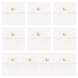 BENECREAT 10Pcs White PU Leather Jewelry Pouch, 3x3 inch Square Small Travel Bag with Snap Button for Festival, Wedding Party Favor Gift Wrapping Bag