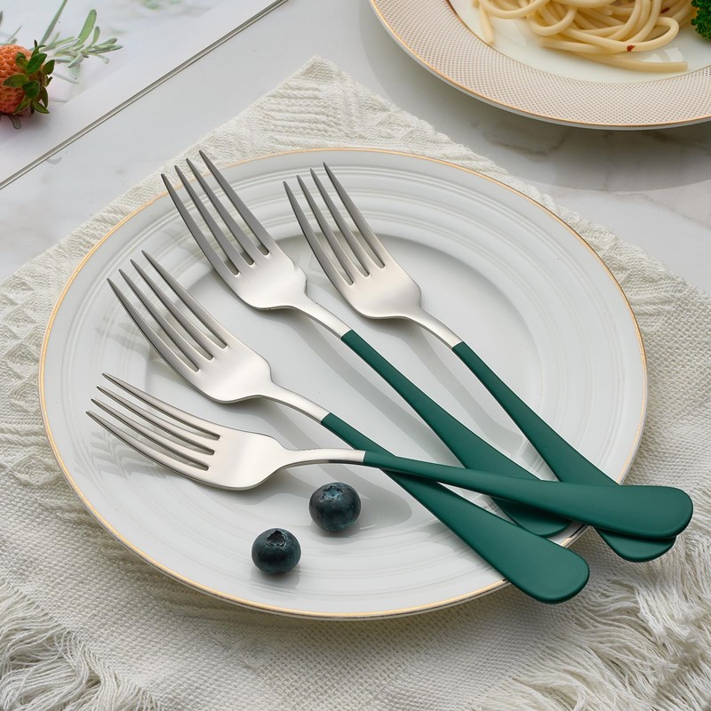 Onlycooker 24 piece Green Forks and Spoons Silverware Set,Green Handle