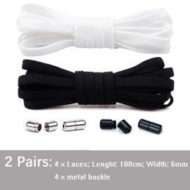 Olukssck 2 Pairs of 5 mm Wide Elastic Shoelaces Without Tying Universal Shoe Laces with Metal Lock, No Tie Shoelaces for Shoes of Different Sizes, 100 cm Long, Black + White