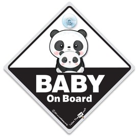 Baby On Board Sign, Baby Panda and Panda Mum Car Sign, Baby On Board Style Suction Cup Car Sign in White and Black. Big, Bold and Designed to To Notify Other Road Users That You Have Baby in the Car