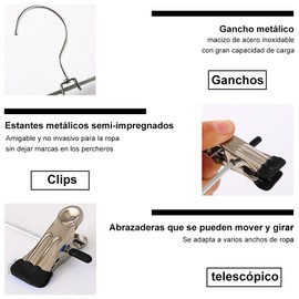 Wodoso 10 Perchas para Pantalones con Clip，Clips Antideslizantes Ajustables sin Marcas Resistentes Perchas metálicas para Pantalones y Faldas