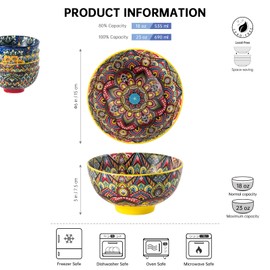 Henten Home Ceramic Soup Bowls Set of 4, Bohemia 23 oz Cereal Bowls Set, Porcelain Serving Bowls for Dinner, Salad, Pasta, Fruit, Decorative, Microwave & Dishwasher Safe