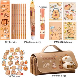 Cute Capybara Pencil Case Pencil Holder Pencil Bag Gift Set Includes Pencil Case, Capybara Ball-Point Pen, Pencil, Mini Notebook, Stickers and Capybara Erasers (Pretty Capybara Pencil Case Set)