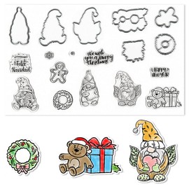 Christmas Gnomes Clear Stamps and Dies for Card Making, Xmas Wreath Snowflake Transparent Rubber Stamps Christmas Santa Gnomes Die Cuts Seal for DIY Scrapbooking