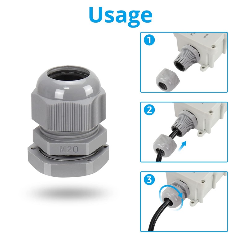 10 Pack M20 20mm IP68 Waterproof Grey Cable Glands, Suitable