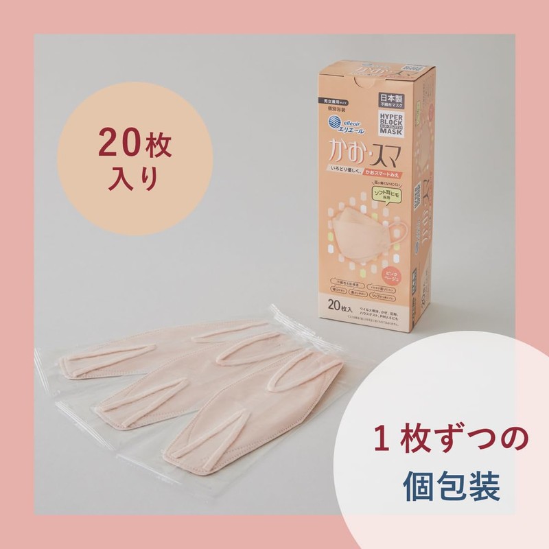 Elleair Mask, Hyperblock Mask, Kao Suma, Pink Beige, 20 Pieces