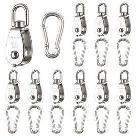 SHITIME 10 Pcs 304 Stainless Steel Lifting Pulley, M15 Single Pulley Block, Wire Rope Hanging Pulley Wheel, with 10 Pcs Spring Snap Hook