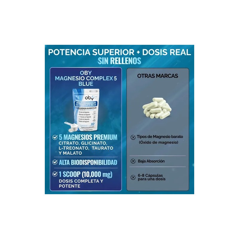 Oby Magnesio Complete 5 Tipos, Espirulina Y D3. Polvo 600g