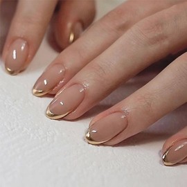 24pcs False Nails French Tip - Nude Gold Edge Press on Nails Short Almond - Strong Fake Nails with Glue - Full Cover Stick on Nails for Women French Nail Art