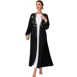 IDOPIP Muslim Abayas for Women Long Sleeve Open Front Cardigan with Belt Rhinestone Applique Maxi Kaftan Dress Islamic Dubai Robe Middle East Loose Full Cover Ramadan Prayer Dress Clothes Black L