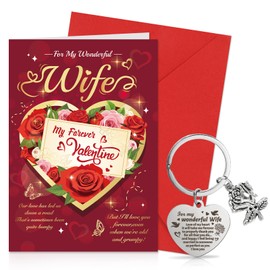 DPKOW Wife Valentine's Day Card from Husband Wife Valentines Card Valentines Card Wife with Envelope Stainless Steel Keyring Keychain Gifts for Her Wife Valentine's Day Present