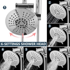 Aolemi 6 Inch Rainfall Shower Head Combo with SUS304 Handheld Spray 6 Settings ABS Showerheads High Pressure 2-Way Diverter 59 Inch Shower Hose and Shower Arm Included,Polish chrome